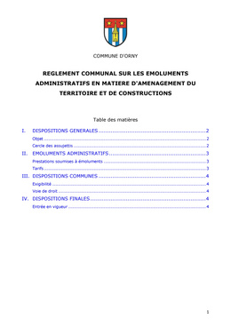 REGLEMENT COMMUNAL SUR LES EMOLUMENTS ADMINISTRATIFS EN MATIERE D'AMENAGEMENT DU TERRITOIRE ET DE CONSTRUCTIONS